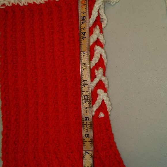 Handmade Red and White Lace Up Yarn Christmas Holiday Stocking - Picture 8 of 12